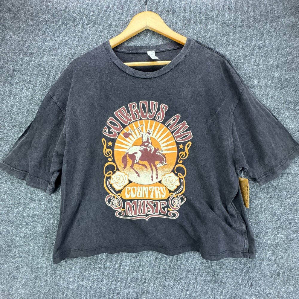 Cowboys Country Music Graphic Tee Extra‎ Large Cropped Boxy Black Western Rodeo